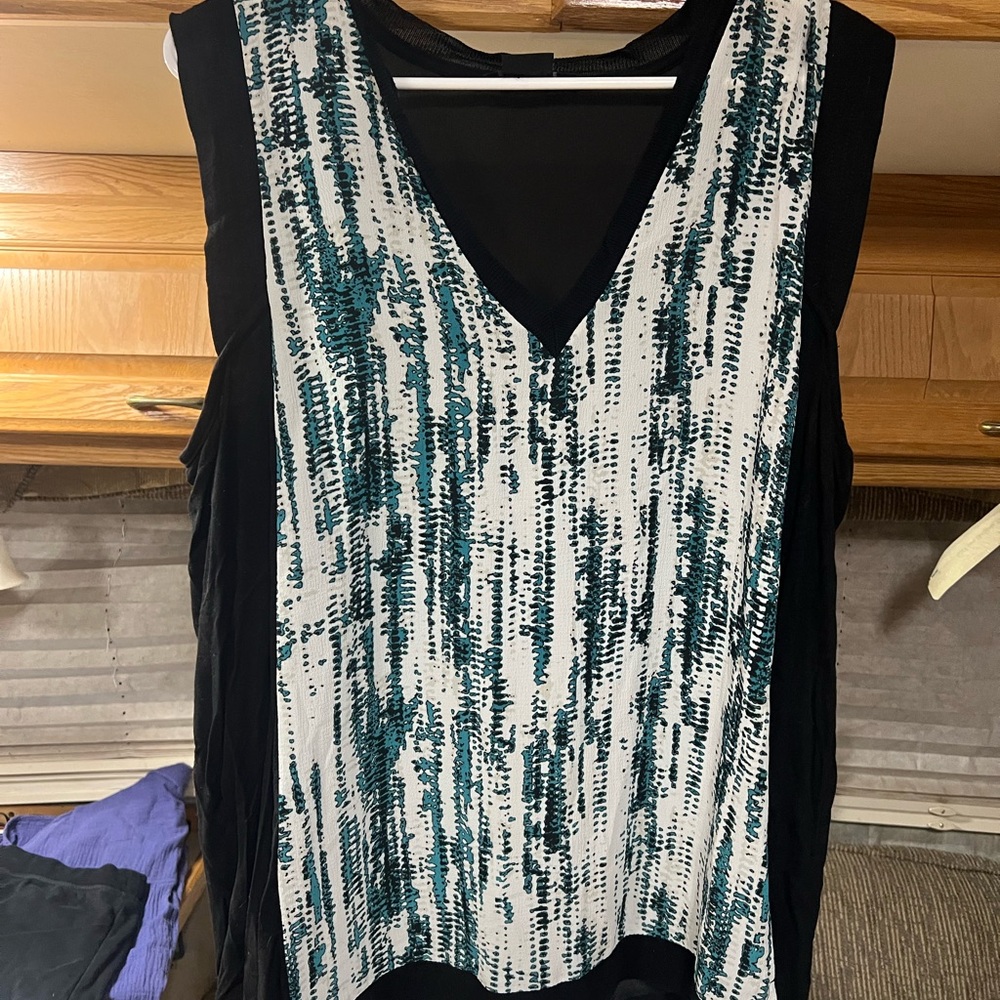Michel Studio Black and Teal Patterned Blouse